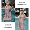 Ekouaer Women Zipper Robes Short Bathrobe Lightweight House Coat | Zip-front,Short Sleeves,Two Pockets,Knee Length,Cute Pleated Front,Mumu Duster Moo Moo Nightgown Lounge robe(Floral Pink)