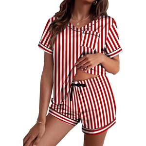 Ekouaer Silk Pajama for Women Short Sleeve Satin Pj Set Two Piece XS-XXL | loungewear or daily wear,Valentine’s Day, Bridal Party, Honeymoon Vacation and Anniversaries Gift ,walking,enjoying coffee(Red-white Stripes)