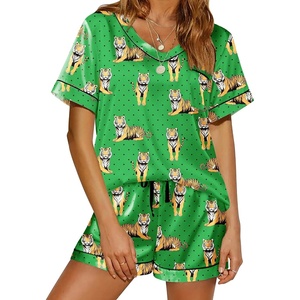 Ekouaer Silk Pajama for Women Short Sleeve Satin Pj Set Two Piece XS-XXL | loungewear or daily wear,Valentine’s Day, Bridal Party, Honeymoon Vacation and Anniversaries Gift ,walking,enjoying coffee(Tiger & Polka Dots)
