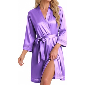 Ekouaer Women Silky Satin Robe Lace Bridesmaid Bathrobes Kimono Loungewear | Short Bride Robes for Bridal Wedding Party, 3/4 Sleeves, Knee Length Maternity Robe, Lightweight Soft Satin Fabric(Lilac)