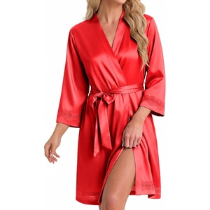 Ekouaer Women Silky Satin Robe Lace Bridesmaid Bathrobes Kimono Loungewear | Short Bride Robes for Bridal Wedding Party, 3/4 Sleeves, Knee Length Maternity Robe, Lightweight Soft Satin Fabric(Red)