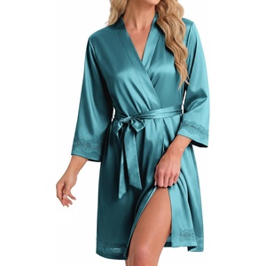 Ekouaer Women Silky Satin Robe Lace Bridesmaid Bathrobes Kimono Loungewear | Short Bride Robes for Bridal Wedding Party, 3/4 Sleeves, Knee Length Maternity Robe, Lightweight Soft Satin Fabric(Celadon Green)