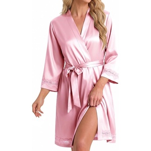 Ekouaer Women Silky Satin Robe Lace Bridesmaid Bathrobes Kimono Loungewear | Short Bride Robes for Bridal Wedding Party, 3/4 Sleeves, Knee Length Maternity Robe, Lightweight Soft Satin Fabric(Deep Pink)