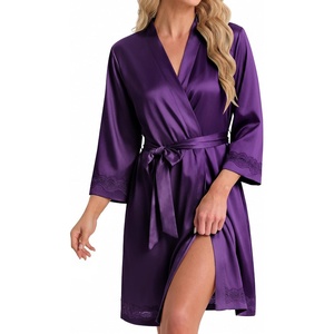 Ekouaer Women Silky Satin Robe Lace Bridesmaid Bathrobes Kimono Loungewear | Short Bride Robes for Bridal Wedding Party, 3/4 Sleeves, Knee Length Maternity Robe, Lightweight Soft Satin Fabric(Deep Purple)