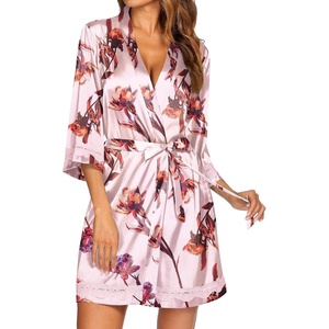 Ekouaer Women Silky Satin Robe Lace Bridesmaid Bathrobes Kimono Loungewear | Short Bride Robes for Bridal Wedding Party, 3/4 Sleeves, Knee Length Maternity Robe, Lightweight Soft Satin Fabric(Floral Light Pink)