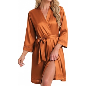Ekouaer Women Silky Satin Robe Lace Bridesmaid Bathrobes Kimono Loungewear | Short Bride Robes for Bridal Wedding Party, 3/4 Sleeves, Knee Length Maternity Robe, Lightweight Soft Satin Fabric(Caramel Colour)