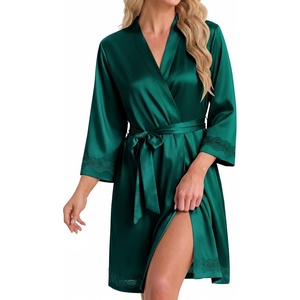 Ekouaer Women Silky Satin Robe Lace Bridesmaid Bathrobes Kimono Loungewear | Short Bride Robes for Bridal Wedding Party, 3/4 Sleeves, Knee Length Maternity Robe, Lightweight Soft Satin Fabric(Dark Green)