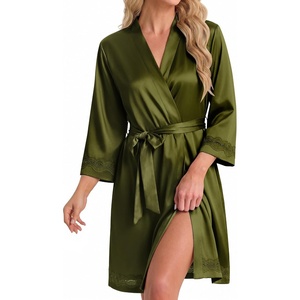 Ekouaer Women Silky Satin Robe Lace Bridesmaid Bathrobes Kimono Loungewear | Short Bride Robes for Bridal Wedding Party, 3/4 Sleeves, Knee Length Maternity Robe, Lightweight Soft Satin Fabric(Army Green)