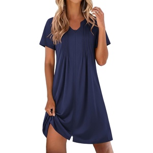 Ekouaer Women Zipper Robes Short Bathrobe Lightweight House Coat | Zip-front,Short Sleeves,Two Pockets,Knee Length,Cute Pleated Front,Mumu Duster Moo Moo Nightgown Lounge robe(Navy Blue)