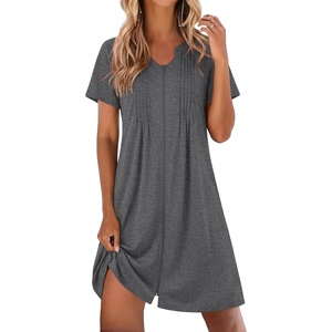 Ekouaer Women Zipper Robes Short Bathrobe Lightweight House Coat | Zip-front,Short Sleeves,Two Pockets,Knee Length,Cute Pleated Front,Mumu Duster Moo Moo Nightgown Lounge robe(Dark Grey)