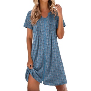 Ekouaer Women Zipper Robes Short Bathrobe Lightweight House Coat | Zip-front,Short Sleeves,Two Pockets,Knee Length,Cute Pleated Front,Mumu Duster Moo Moo Nightgown Lounge robe(Flora Light Blue)