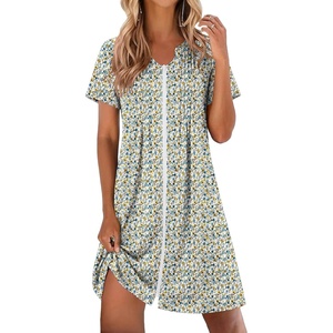 Ekouaer Women Zipper Robes Short Bathrobe Lightweight House Coat | Zip-front,Short Sleeves,Two Pockets,Knee Length,Cute Pleated Front,Mumu Duster Moo Moo Nightgown Lounge robe(Flora White)