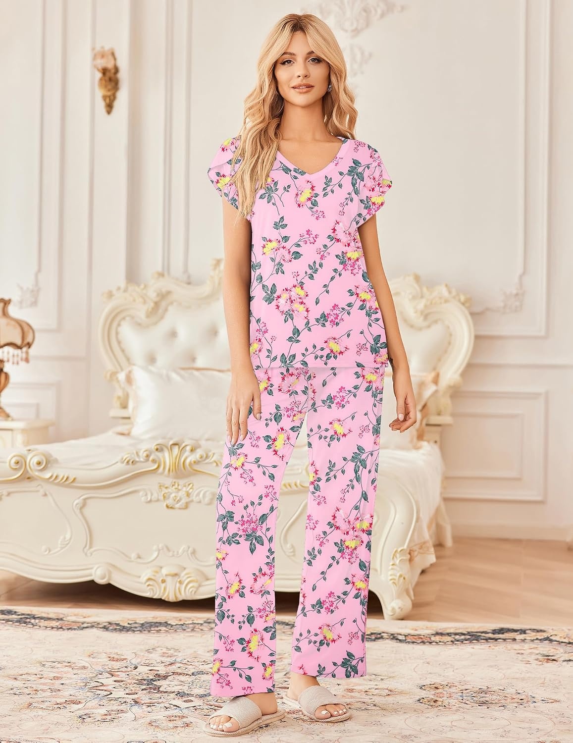 image:imageEkouaer 2 Pack Womens Pajama Set Short Sleeve Sleepwear Soft Pjs Lounge SetLight Green FlowerPink Yellow Flower