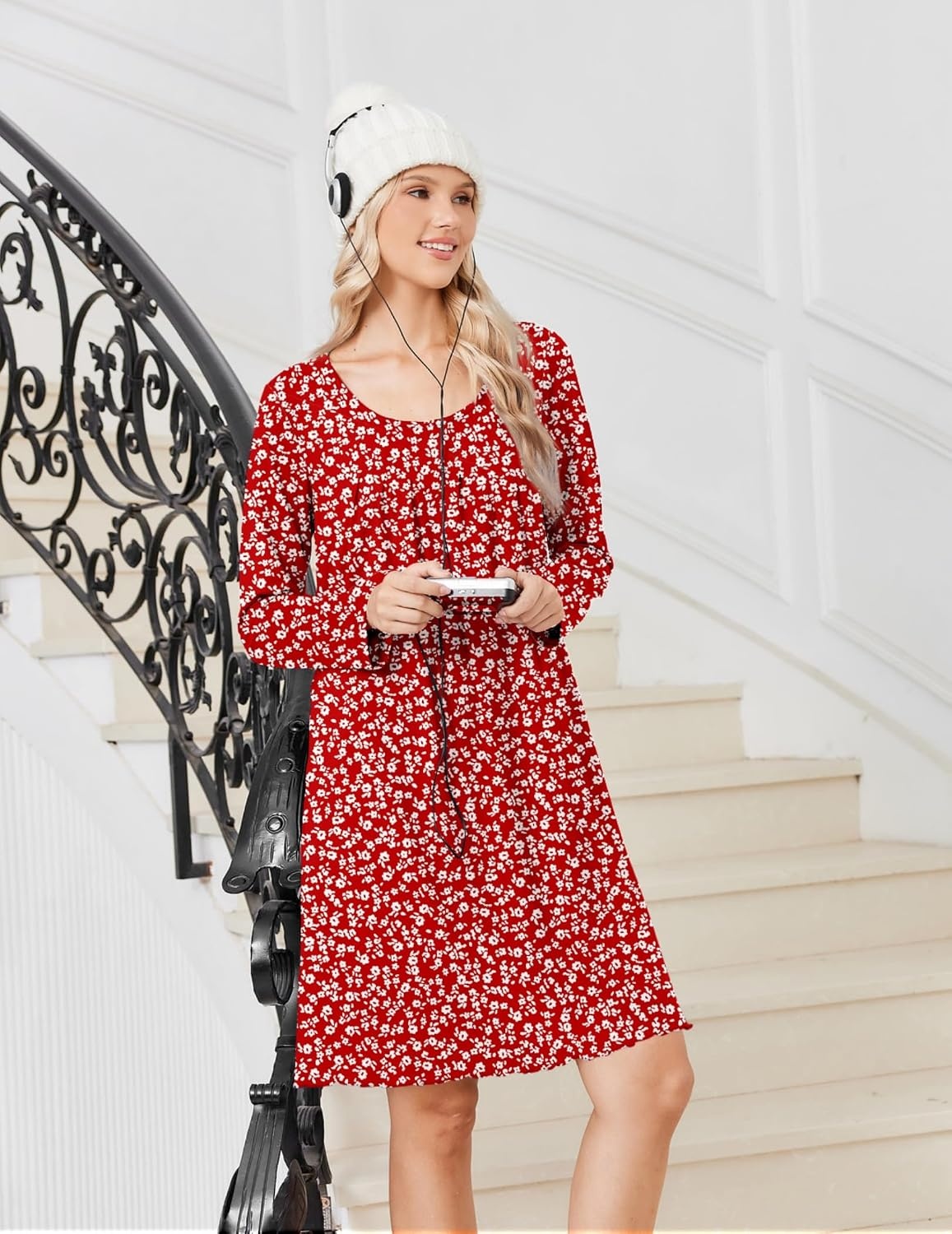image:imageEkouaer 3 Pack Womens Long Sleeve Nightgowns Soft Sleep Shirt Sleepwear Multipieces Night Gowns Aline Loose Night Dress Above Knee Short Nightshirt Gardening Floral House Dress Vacation DressBlack navy red White Flower
