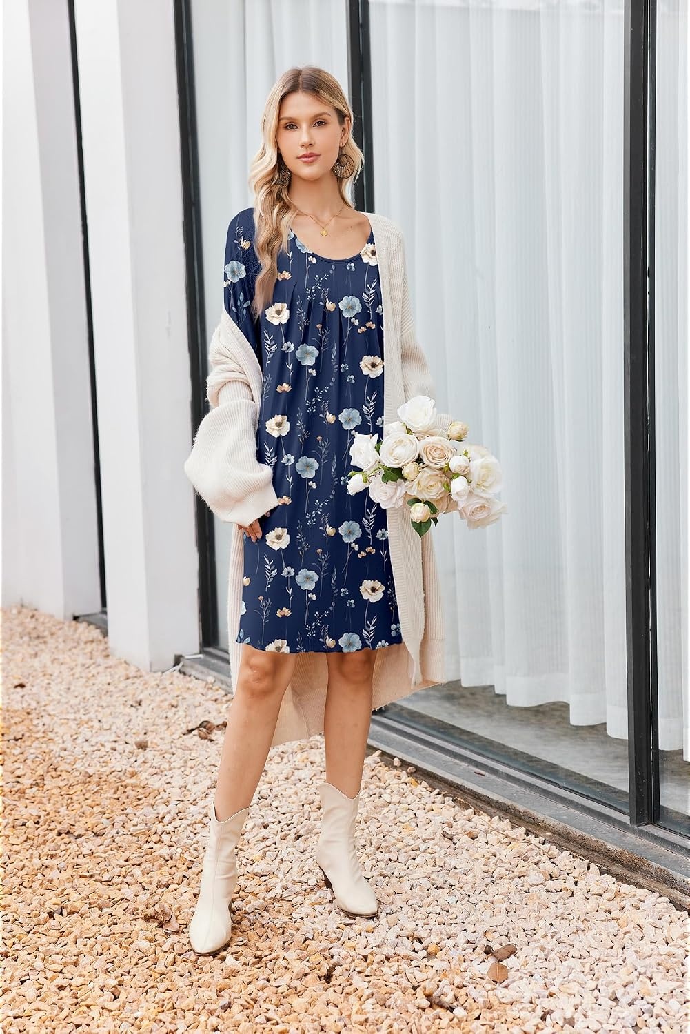 image:imageEkouaer 3 Pack Womens Long Sleeve Nightgowns Soft Sleep Shirt Sleepwear Multipieces Night Gowns Aline Loose Night Dress Above Knee Short Nightshirt Gardening Floral House Dress Vacation DressBlack grey navy Flower