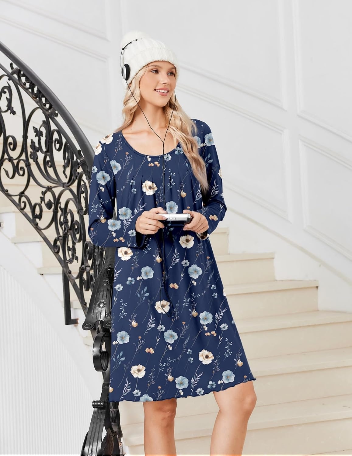 image:imageEkouaer 3 Pack Womens Long Sleeve Nightgowns Soft Sleep Shirt Sleepwear Multipieces Night Gowns Aline Loose Night Dress Above Knee Short Nightshirt Gardening Floral House Dress Vacation DressBlack grey navy Flower