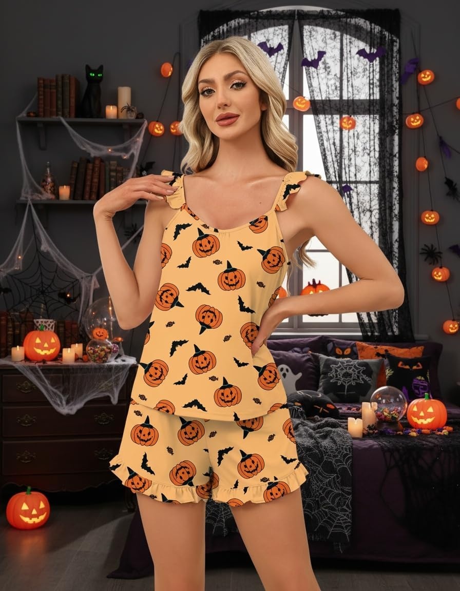 image:imageEkouaer Pajama for Women Set 2 Piece Ruffle Cami Top and Shorts Pjs Soft Sleepwear Lightweight Sexy Sleep Pj for Lounging Date Nights Honeymoon Bridal Preparation Holidays or Wedding DayOrangehalloween