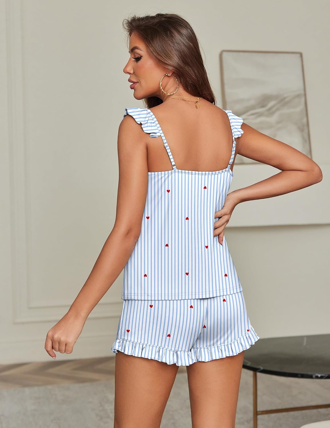 image:imageEkouaer Pajama for Women Set 2 Piece Ruffle Cami Top and Shorts Pjs Soft Sleepwear Lightweight Sexy Sleep Pj for Lounging Date Nights Honeymoon Bridal Preparation Holidays or Wedding DayBlue Stripedheart