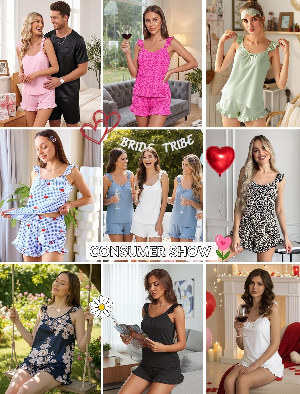 image:imageEkouaer Pajama for Women Set 2 Piece Ruffle Cami Top and Shorts Pjs Soft Sleepwear Lightweight Sexy Sleep Pj for Lounging Date Nights Honeymoon Bridal Preparation Holidays or Wedding DayWhite Heart
