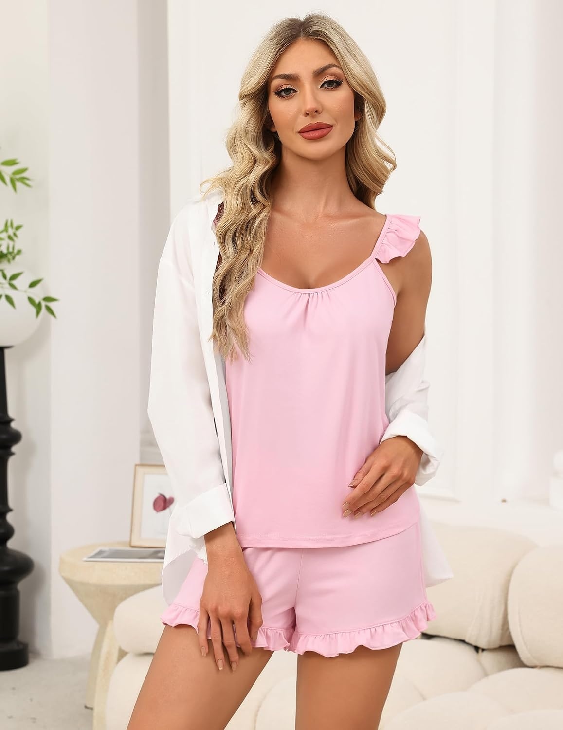 image:imageEkouaer Pajama for Women Set 2 Piece Ruffle Cami Top and Shorts Pjs Soft Sleepwear Lightweight Sexy Sleep Pj for Lounging Date Nights Honeymoon Bridal Preparation Holidays or Wedding DayPink