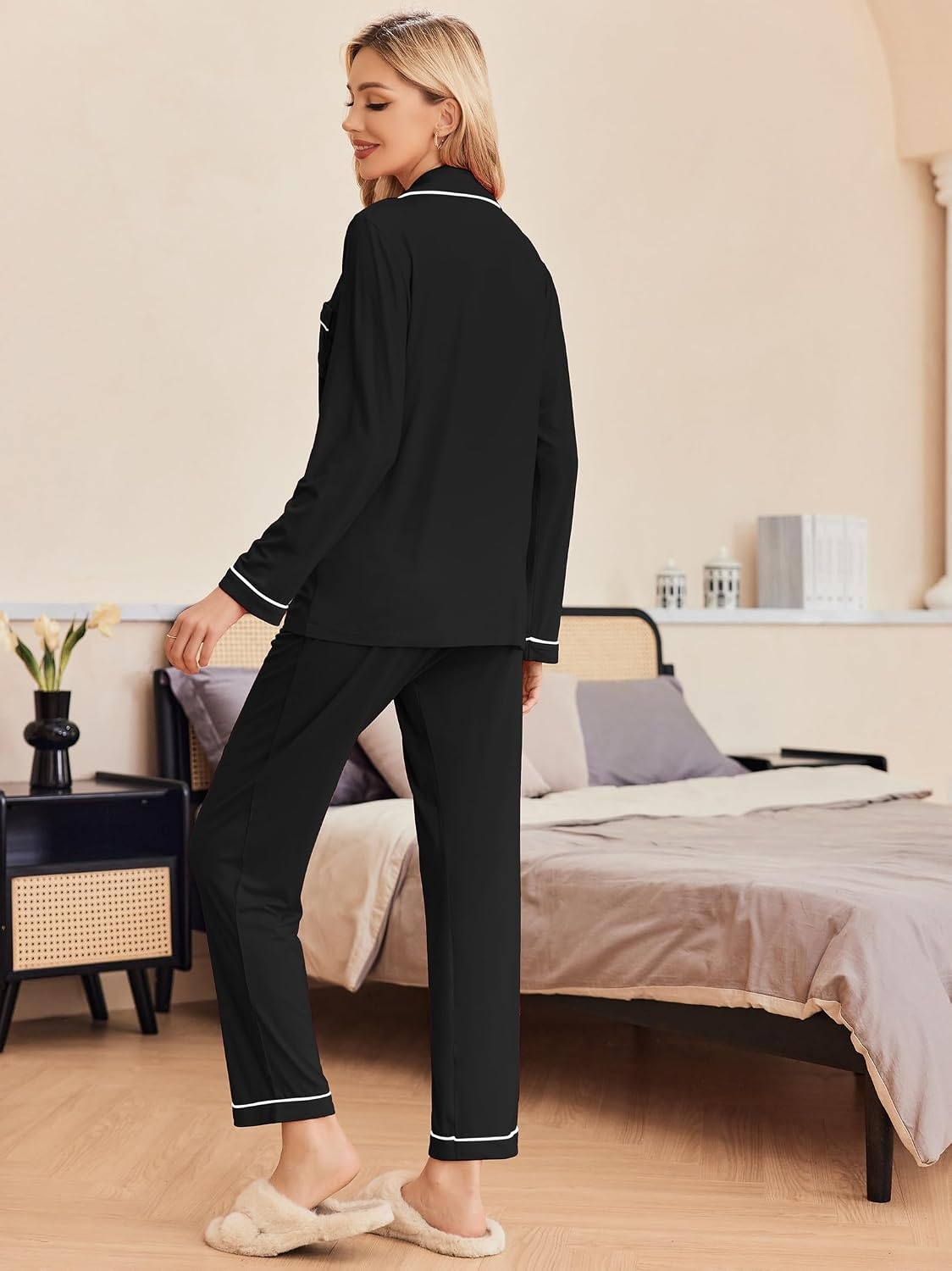 image:imageEkouaer Pajamas Womens Long Sleeve Sleepwear Button Down Loungewear Pjs SetBlack