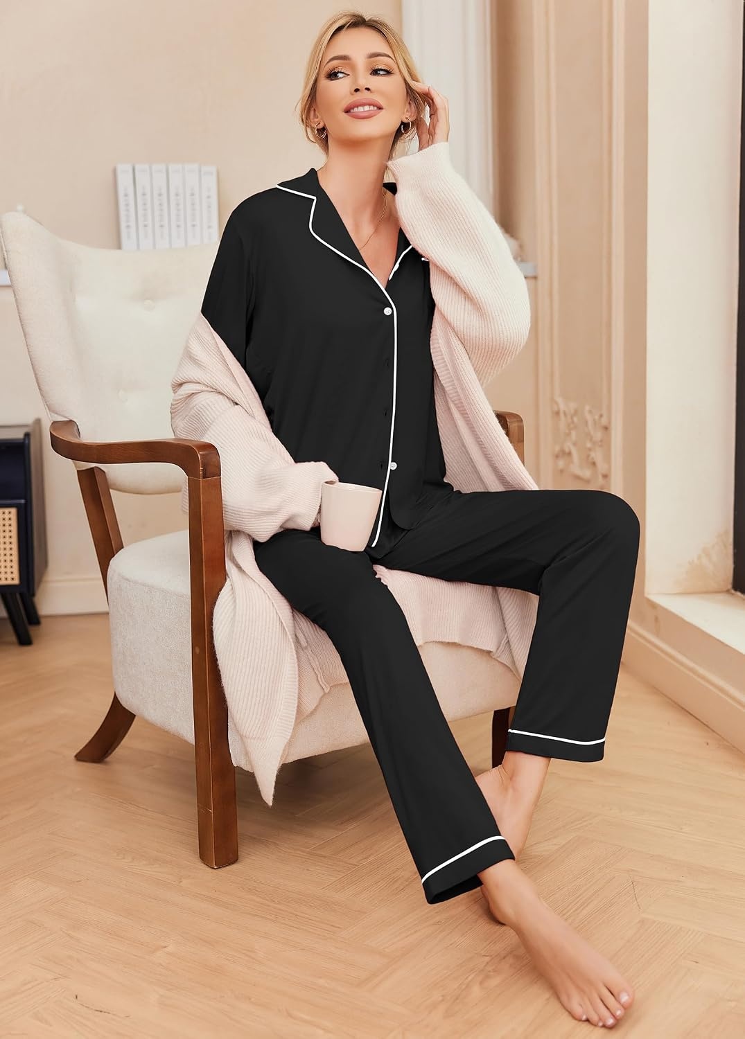 image:imageEkouaer Pajamas Womens Long Sleeve Sleepwear Button Down Loungewear Pjs SetBlack