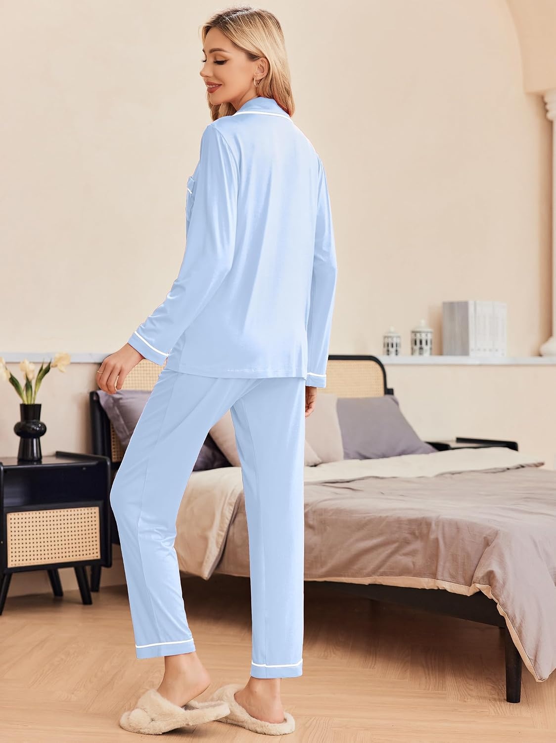 image:imageEkouaer Pajamas Womens Long Sleeve Sleepwear Button Down Loungewear Pjs SetBlue