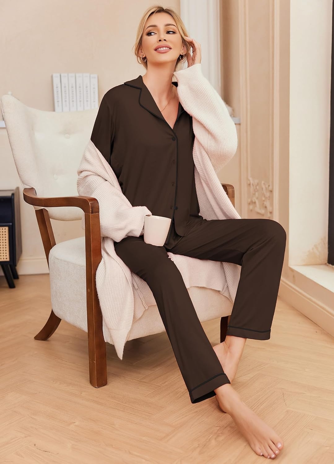 image:imageEkouaer Pajamas Womens Long Sleeve Sleepwear Button Down Loungewear Pjs SetBrown