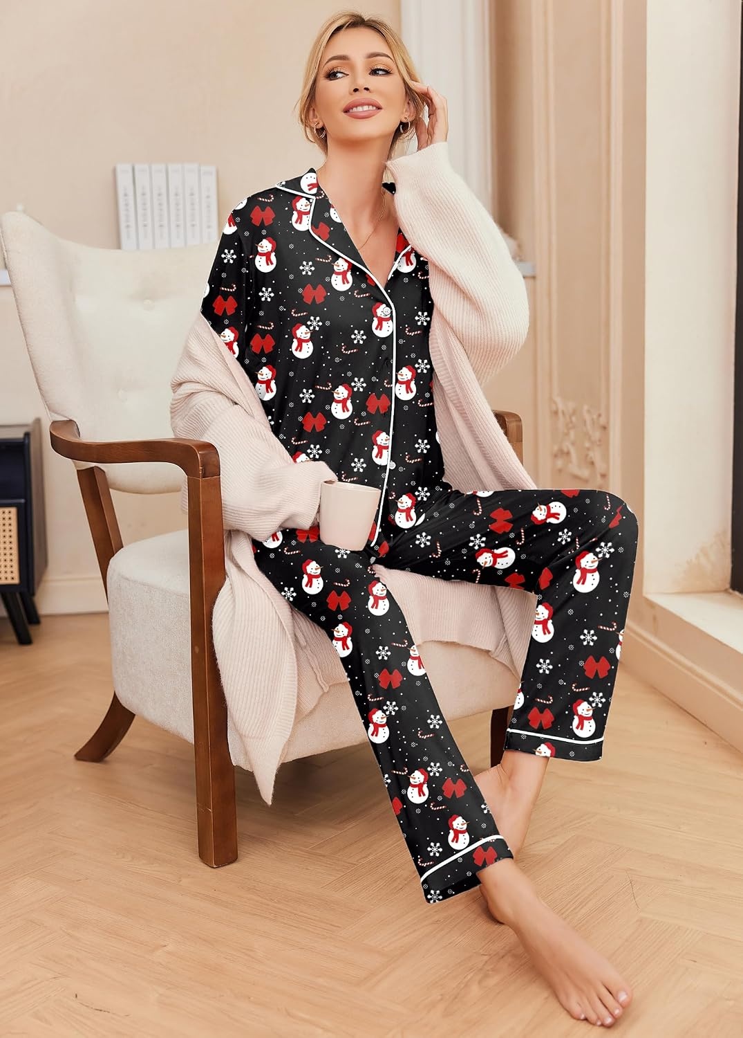 image:imageEkouaer Pajamas Womens Long Sleeve Sleepwear Button Down Loungewear Pjs SetChristmas Black With Snowman