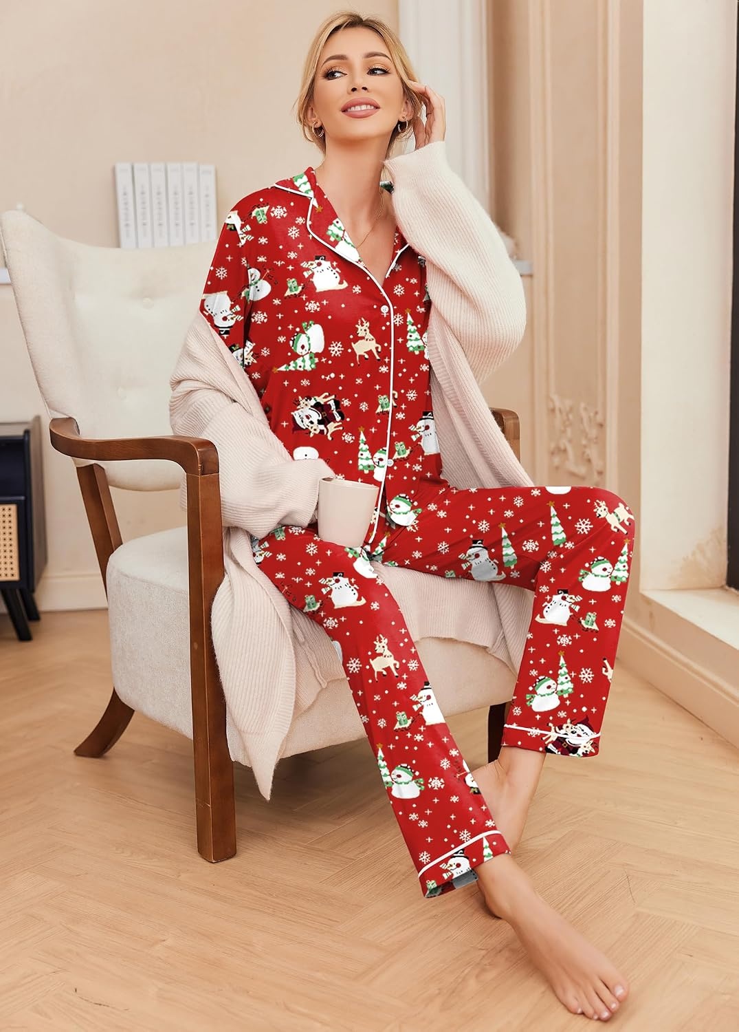 image:imageEkouaer Pajamas Womens Long Sleeve Sleepwear Button Down Loungewear Pjs SetChristmas Red With Santa Pattern