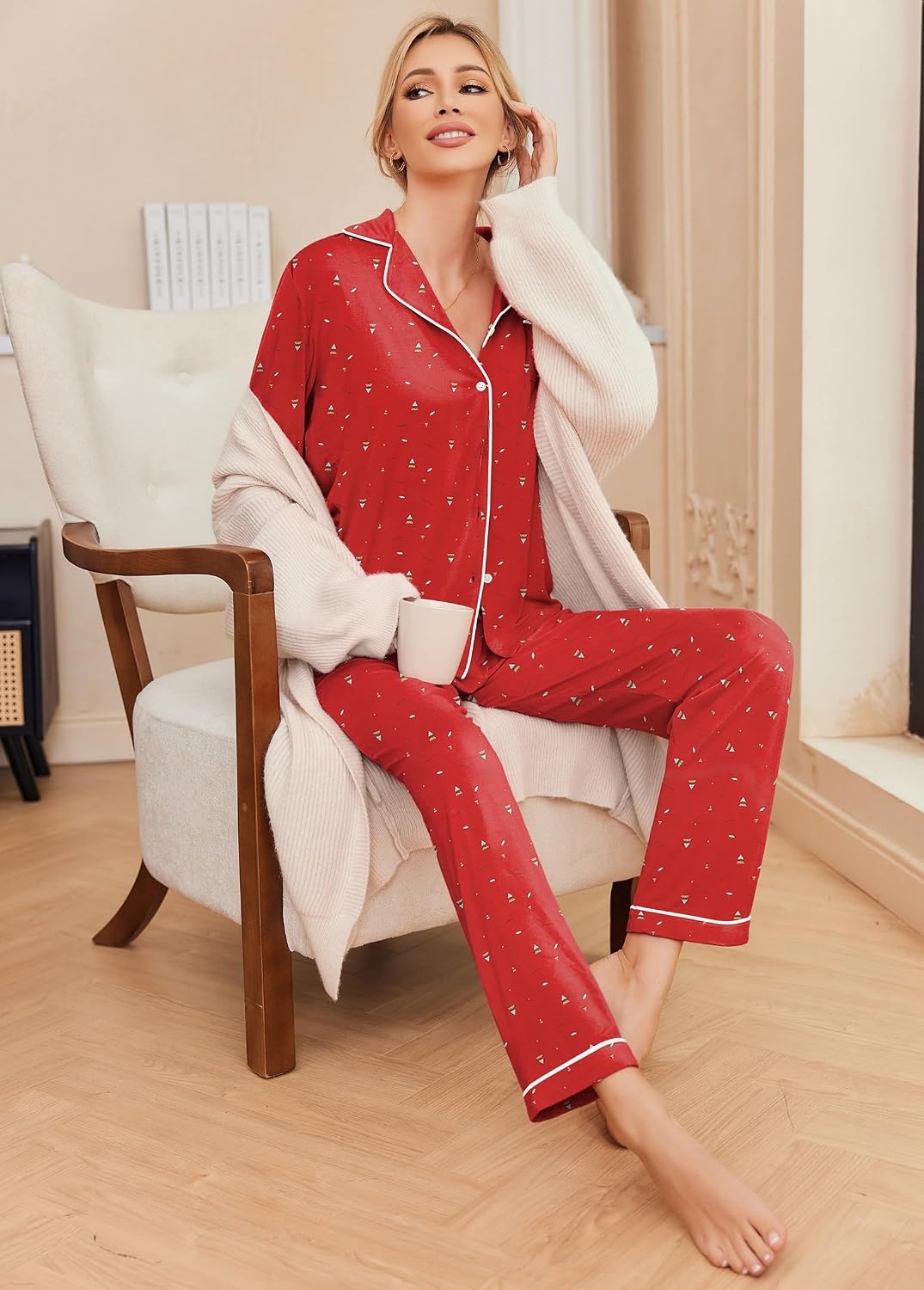 image:imageEkouaer Pajamas Womens Long Sleeve Sleepwear Button Down Loungewear Pjs SetChristmas Tree