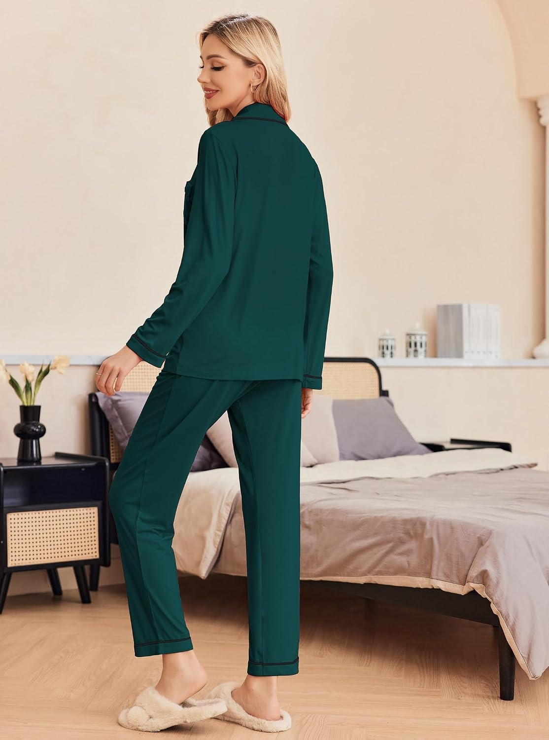 image:imageEkouaer Pajamas Womens Long Sleeve Sleepwear Button Down Loungewear Pjs SetDark Green