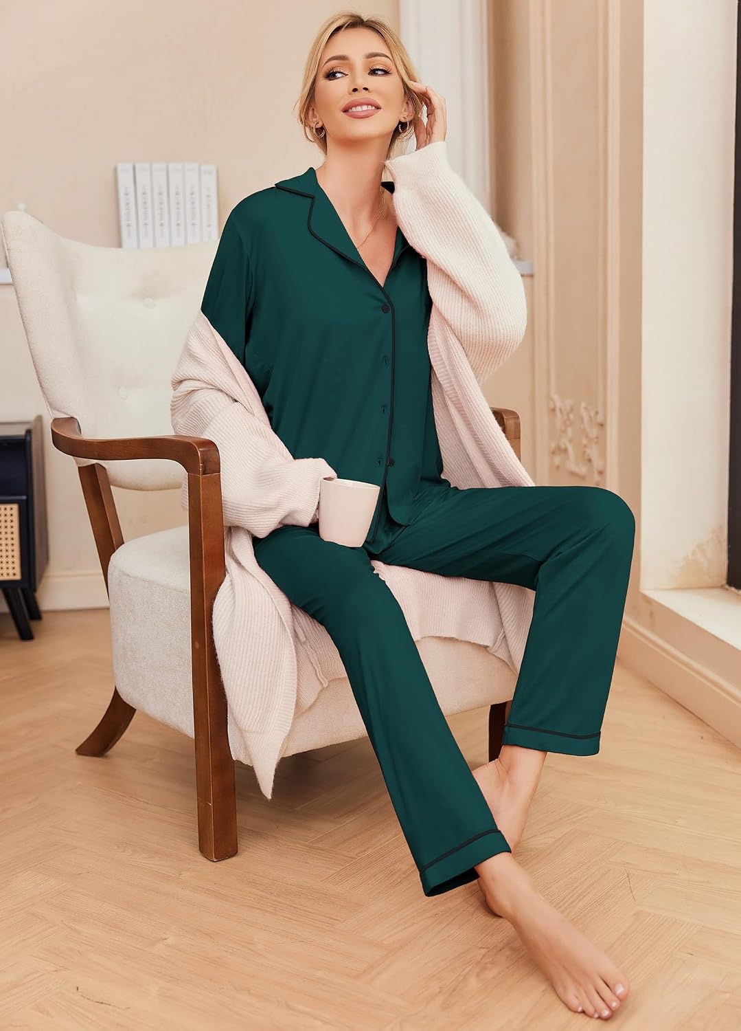 image:imageEkouaer Pajamas Womens Long Sleeve Sleepwear Button Down Loungewear Pjs SetDark Green