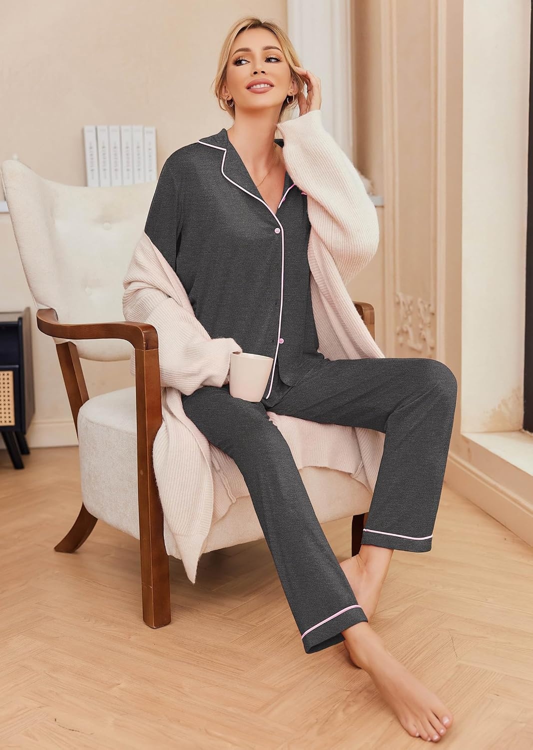 image:imageEkouaer Pajamas Womens Long Sleeve Sleepwear Button Down Loungewear Pjs SetDeep Flower Gray