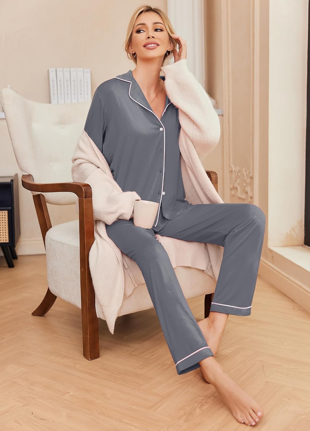 image:imageEkouaer Pajamas Womens Long Sleeve Sleepwear Button Down Loungewear Pjs SetGray