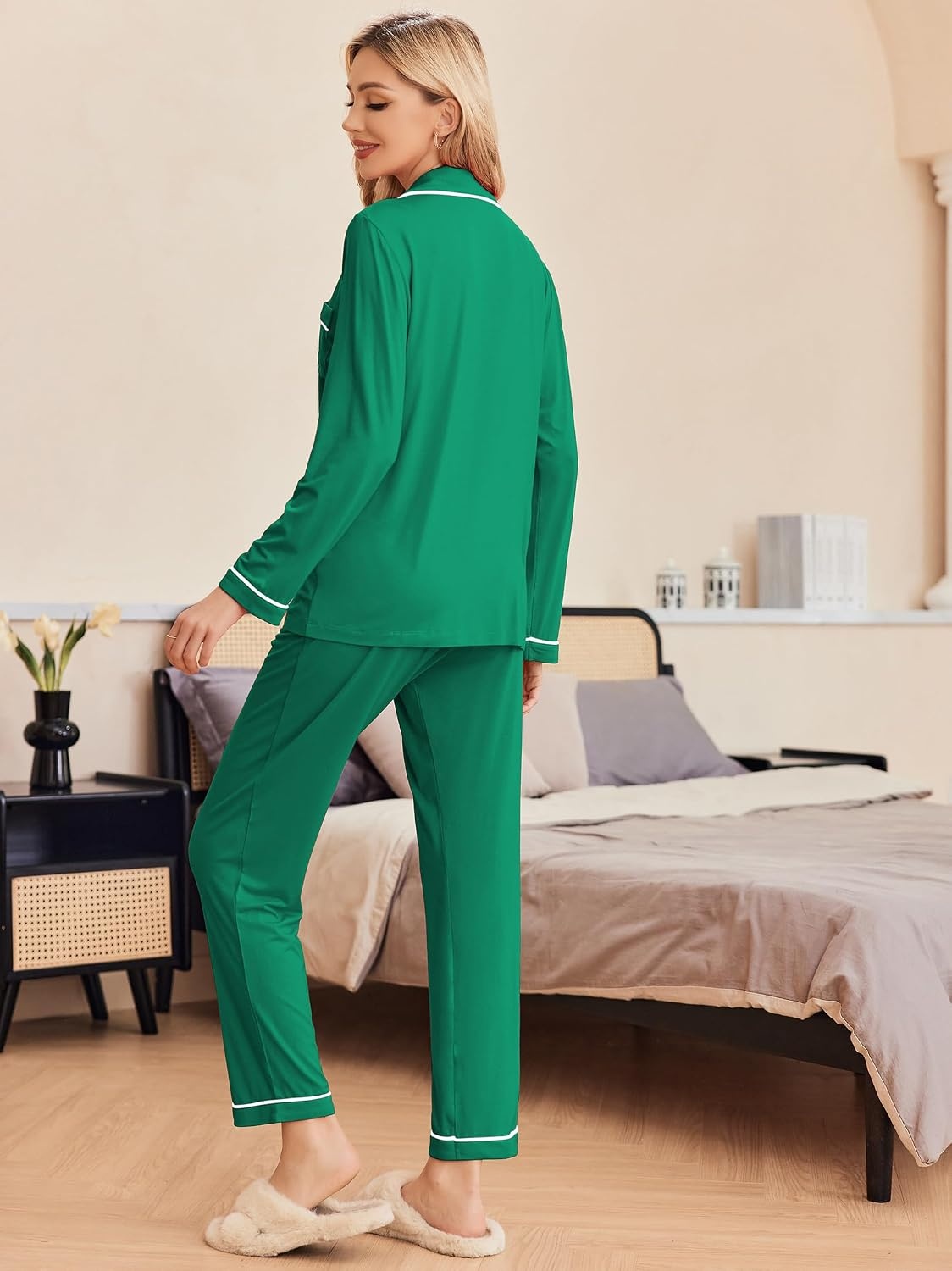 image:imageEkouaer Pajamas Womens Long Sleeve Sleepwear Button Down Loungewear Pjs SetGreen
