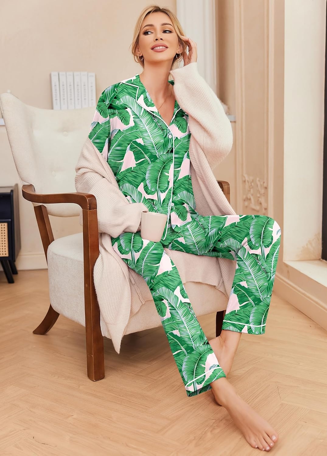 image:imageEkouaer Pajamas Womens Long Sleeve Sleepwear Button Down Loungewear Pjs SetGreen Leaves