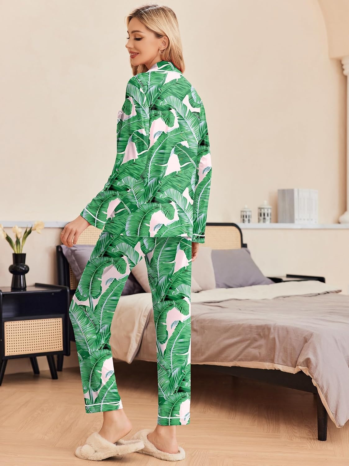 image:imageEkouaer Pajamas Womens Long Sleeve Sleepwear Button Down Loungewear Pjs SetGreen Leaves