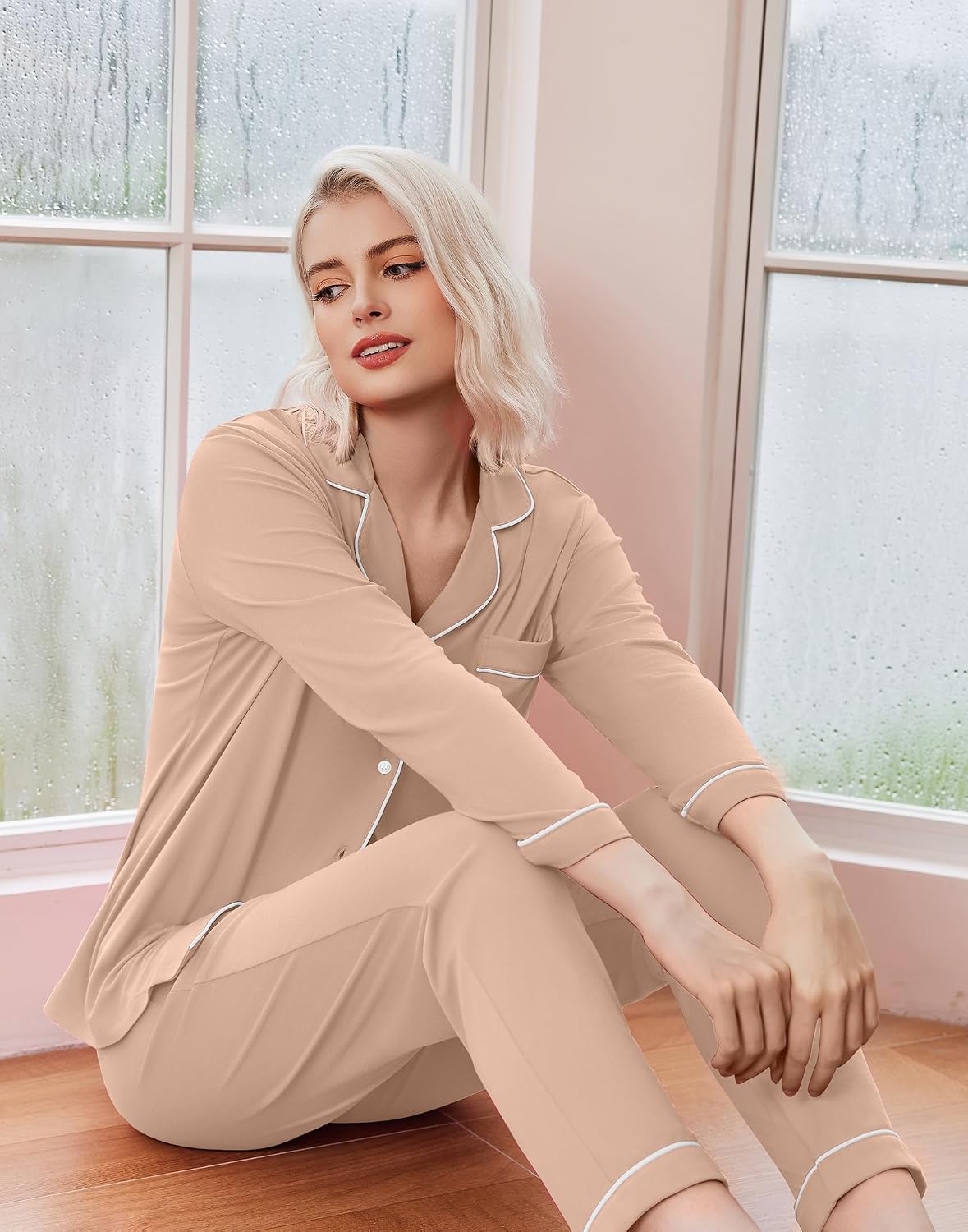 image:imageEkouaer Pajamas Womens Long Sleeve Sleepwear Button Down Loungewear Pjs SetKhaki