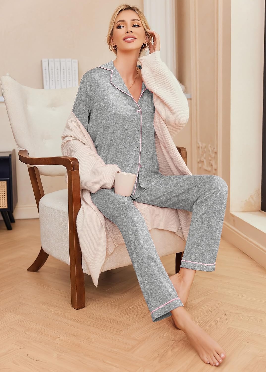 image:imageEkouaer Pajamas Womens Long Sleeve Sleepwear Button Down Loungewear Pjs SetLight Grey