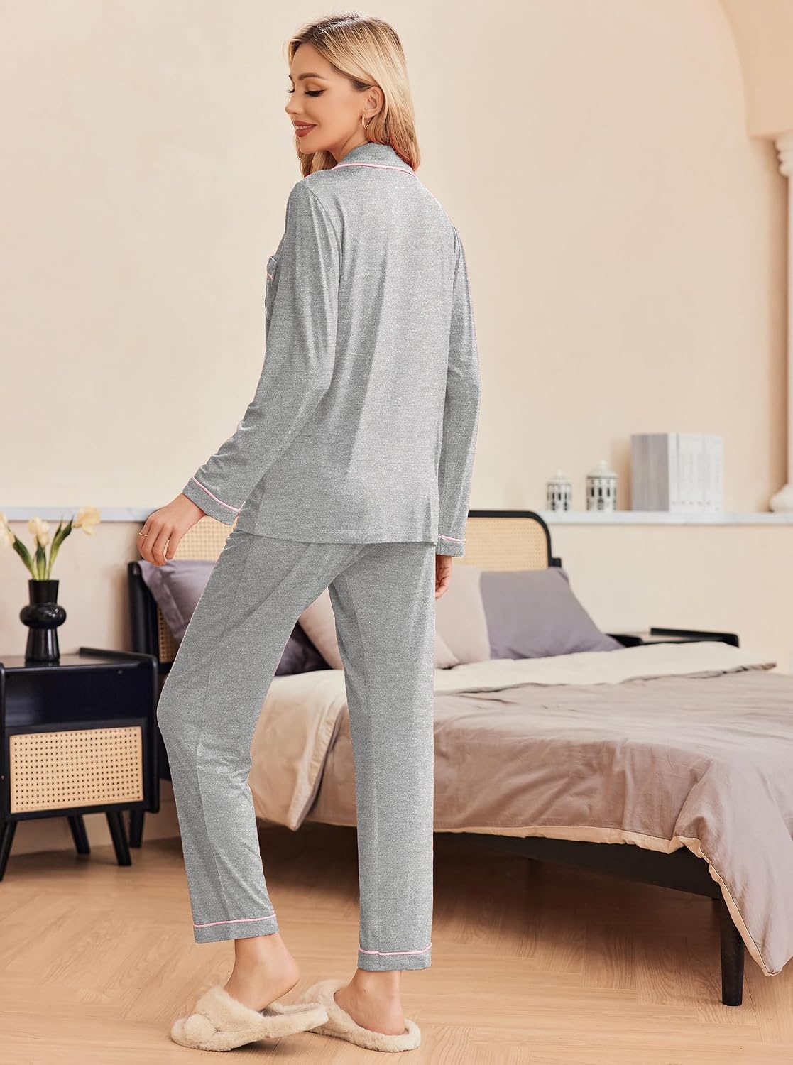 image:imageEkouaer Pajamas Womens Long Sleeve Sleepwear Button Down Loungewear Pjs SetLight Grey