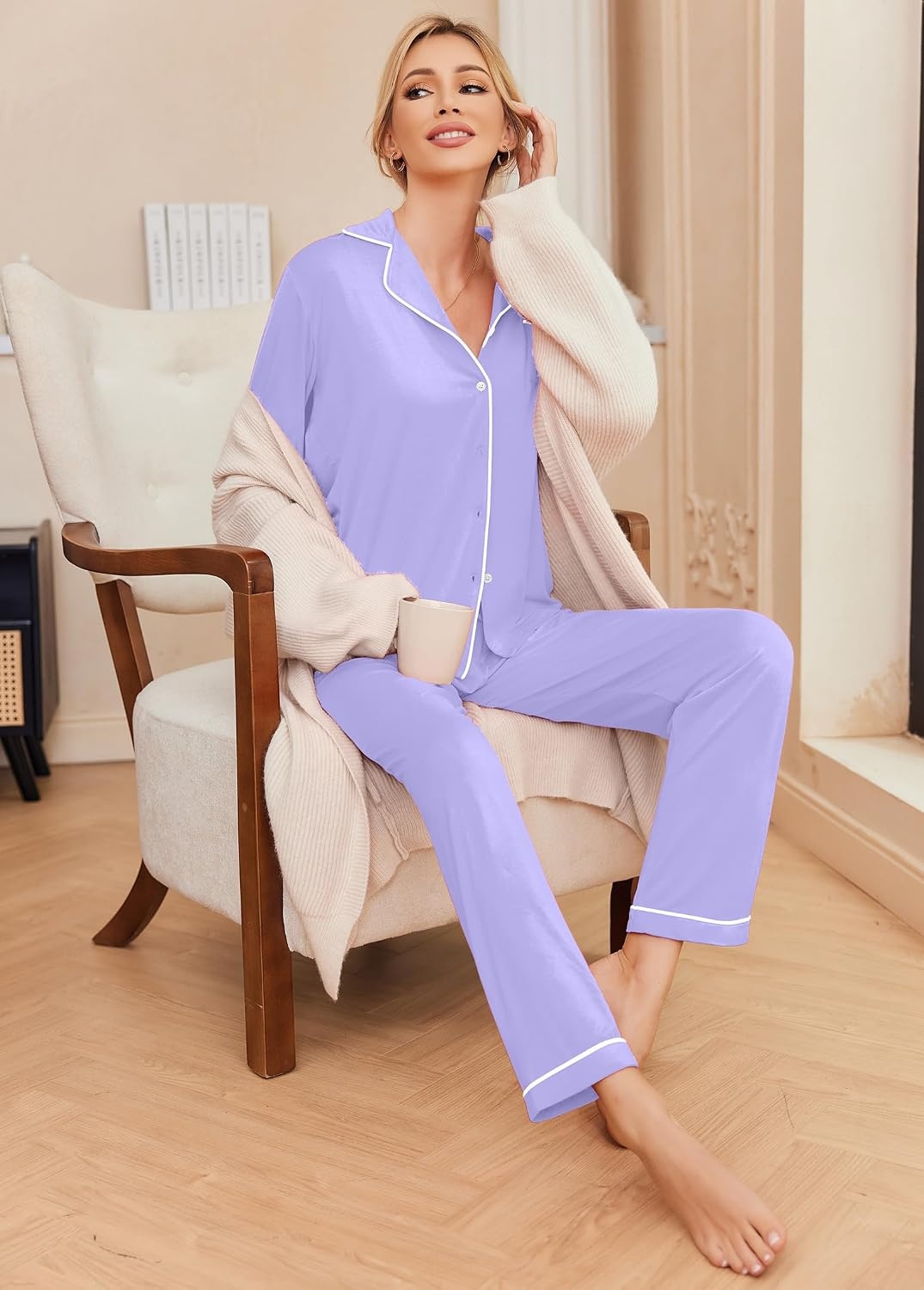 image:imageEkouaer Pajamas Womens Long Sleeve Sleepwear Button Down Loungewear Pjs SetLilac