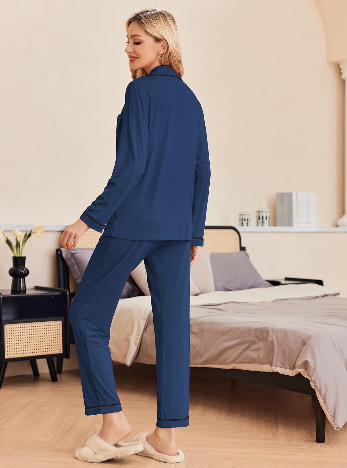 image:imageEkouaer Pajamas Womens Long Sleeve Sleepwear Button Down Loungewear Pjs SetNavy Blue