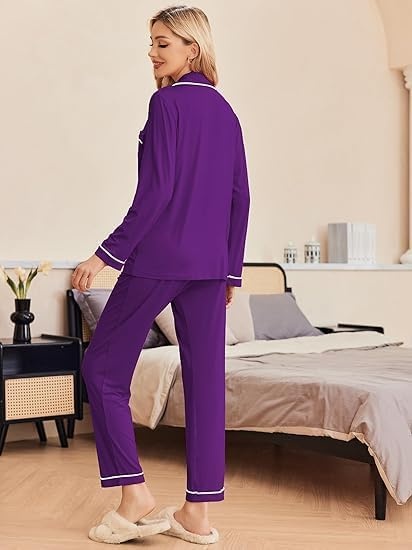 image:imageEkouaer Pajamas Womens Long Sleeve Sleepwear Button Down Loungewear Pjs SetPurple