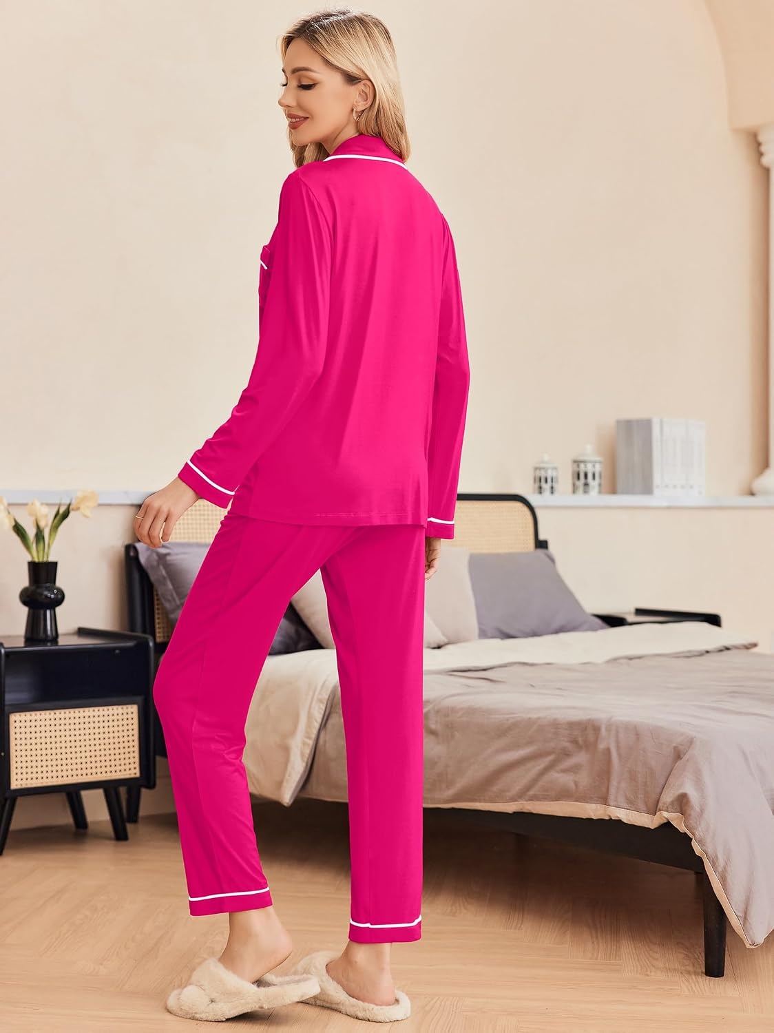 image:imageEkouaer Pajamas Womens Long Sleeve Sleepwear Button Down Loungewear Pjs SetRose