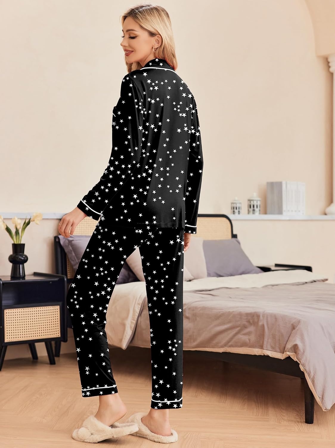 image:imageEkouaer Pajamas Womens Long Sleeve Sleepwear Button Down Loungewear Pjs SetStars Pattern Black
