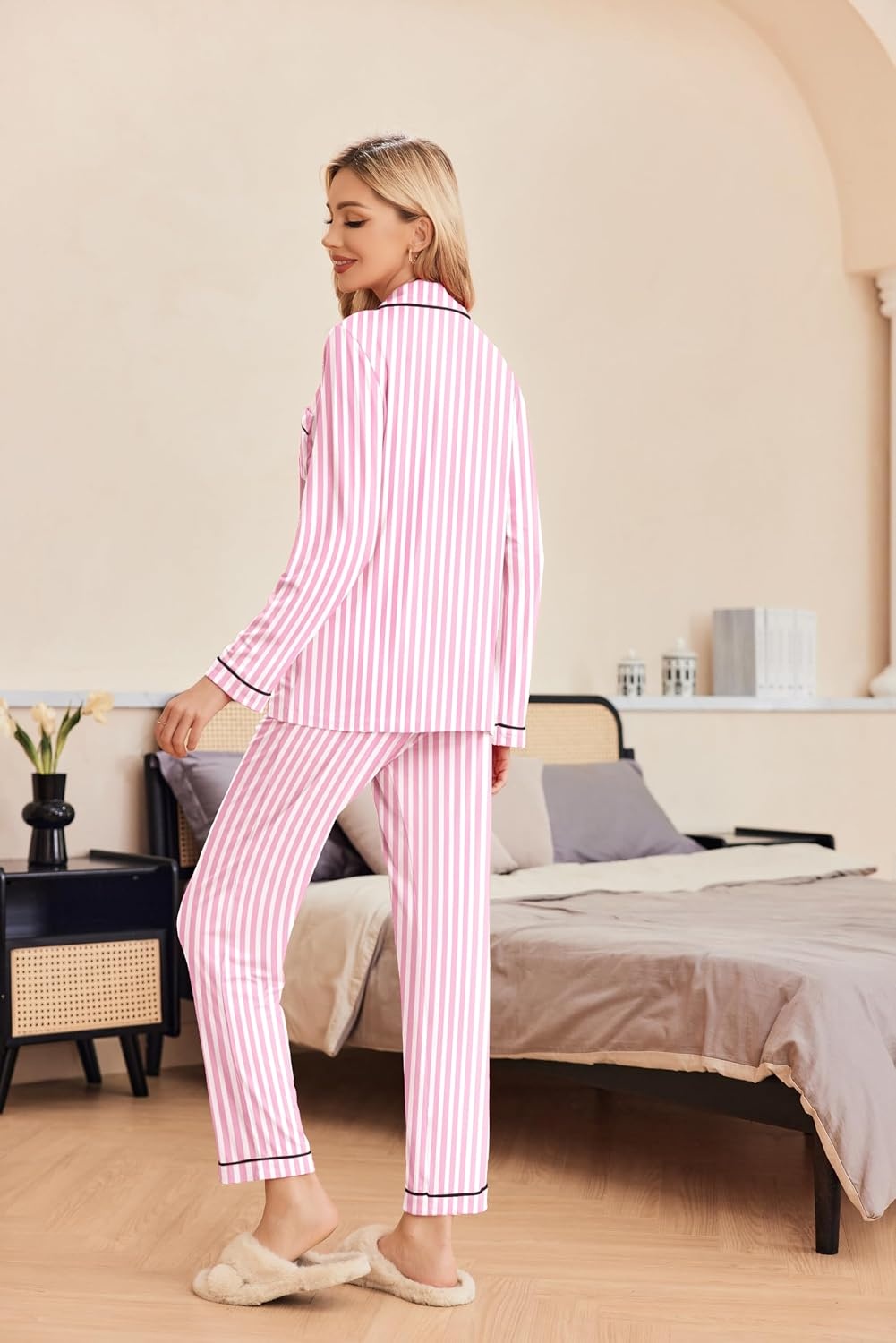image:imageEkouaer Pajamas Womens Long Sleeve Sleepwear Button Down Loungewear Pjs SetStriped Pink