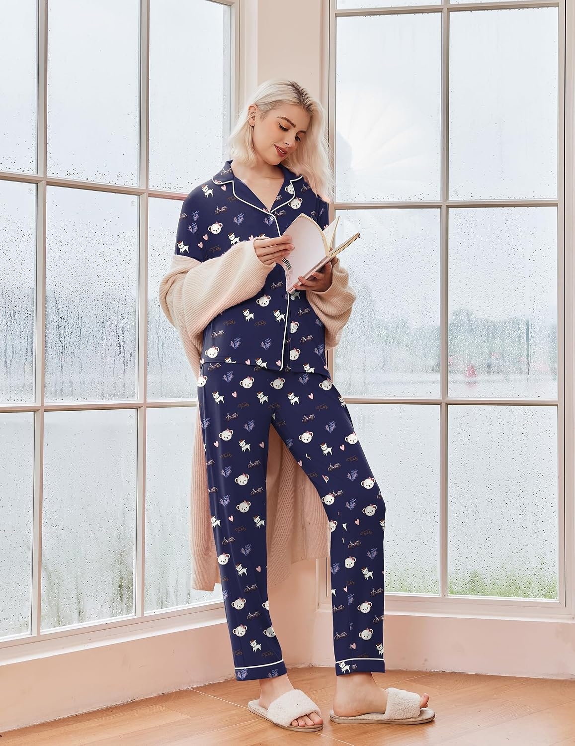 image:imageEkouaer Pajamas Womens Long Sleeve Sleepwear Button Down Loungewear Pjs SetTeddy Navy