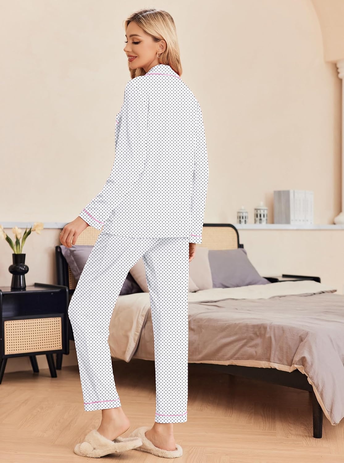 image:imageEkouaer Pajamas Womens Long Sleeve Sleepwear Button Down Loungewear Pjs SetWhite With Black Dots