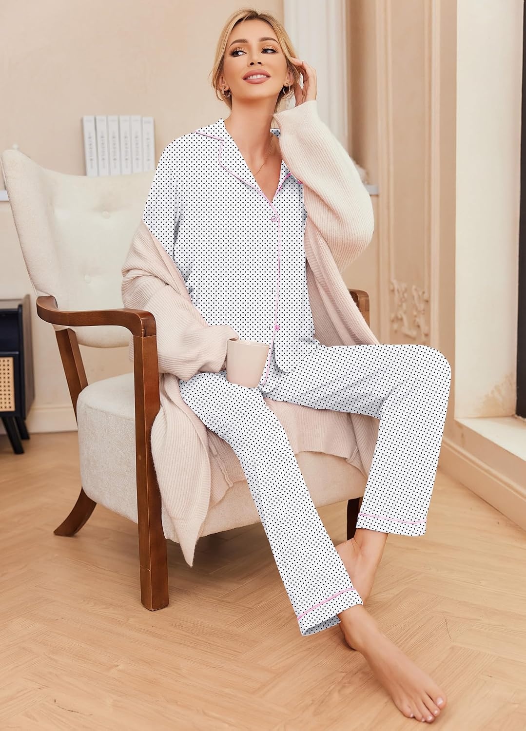 image:imageEkouaer Pajamas Womens Long Sleeve Sleepwear Button Down Loungewear Pjs SetWhite With Black Dots